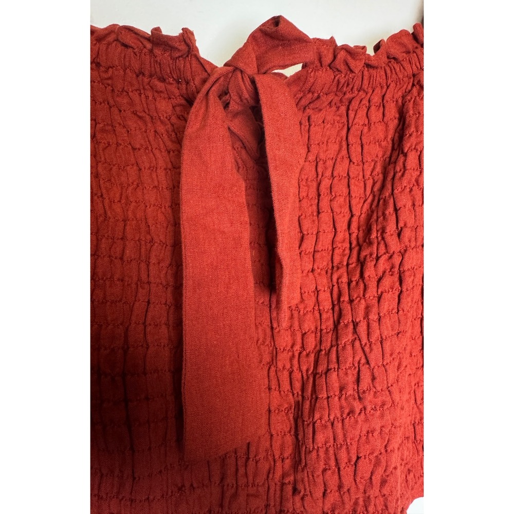 Sezane Red Smocked Puff Sleeve Crop Top Cotton Linen Blend Sz 46 NEW - Picture 6 of 9